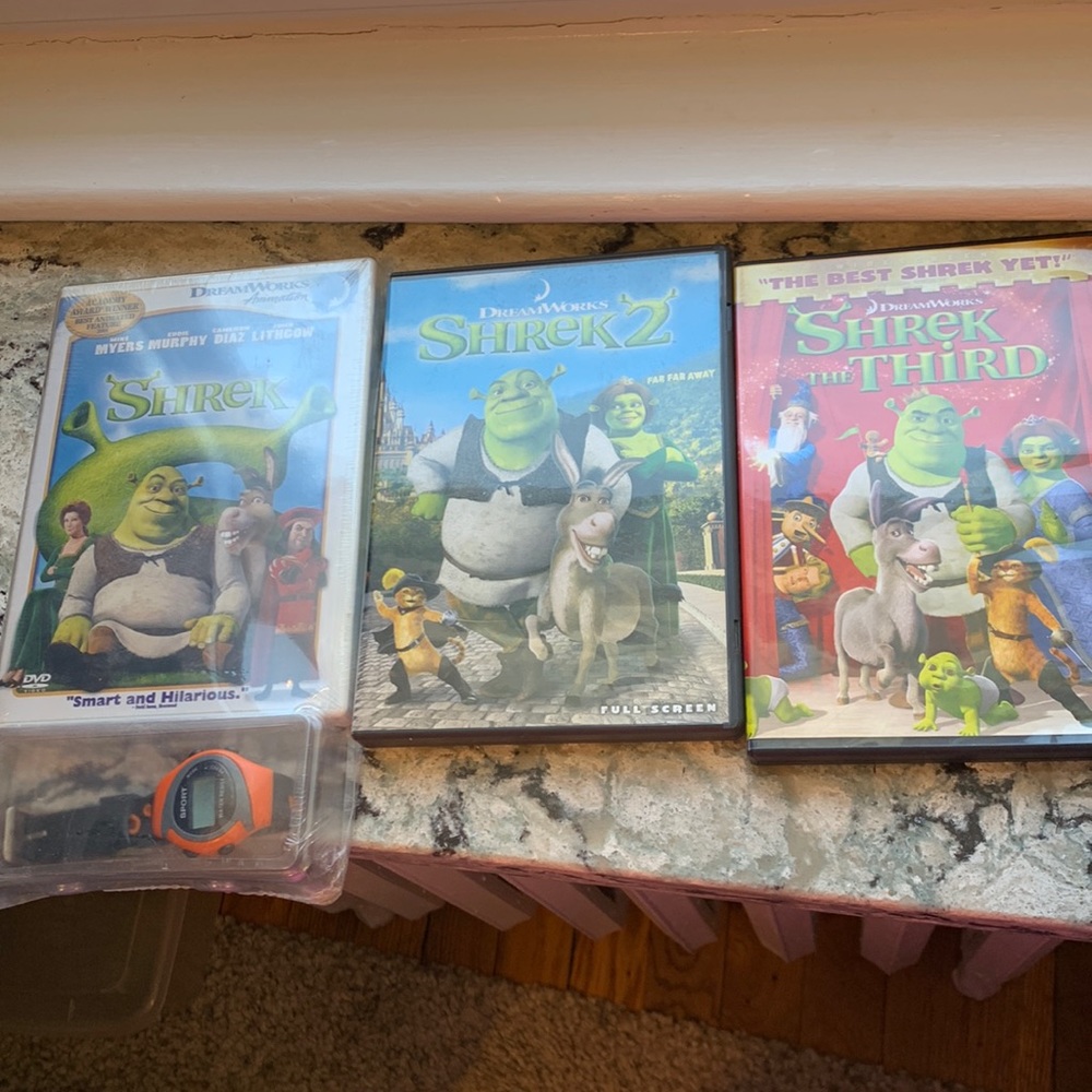Set of All 3 Shrek DVD Movies- First one new in Box with bonus Watch